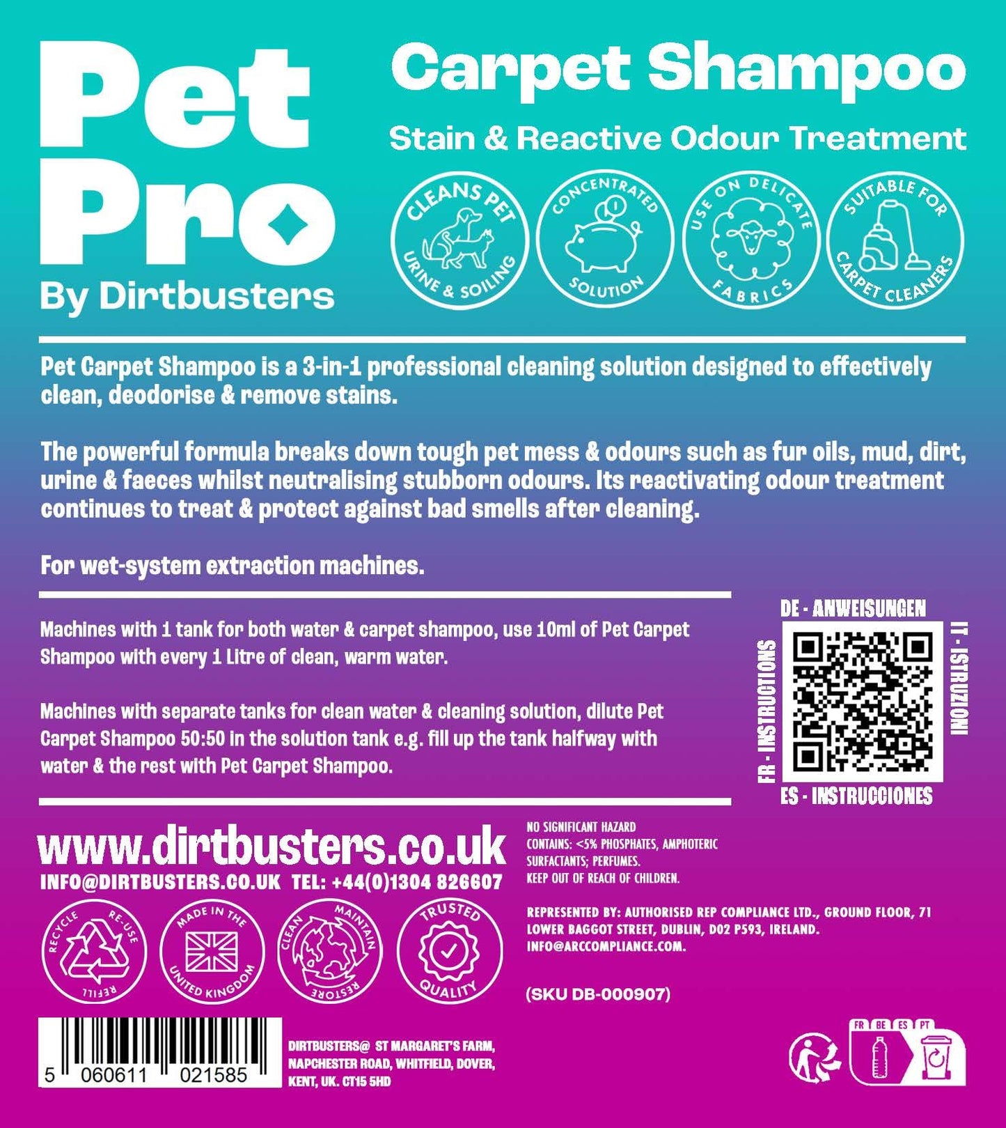 Dirtbusters Pet Pro Carpet Cleaner Shampoo Solution (5L) Deep Cleaning Stain Remover With Odour Neutraliser To Remove Dog & Cat Urine, Makes 500L Of Carpet Cleaner Solution