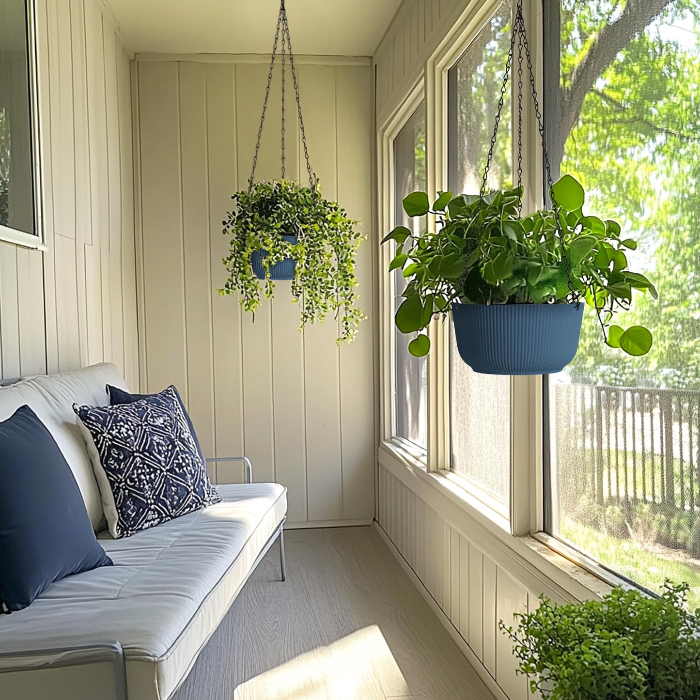 T4U 8 Inch Hanging Planters for Indoor Outdoor Plants, Self Watering Hanging Pot Pack of 2, Hanging Pots with Drainage Hole & Plug & Chain with 3 Hooks for Garden Home Decor, Blue