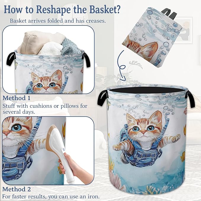 Cute Cat Laundry Basket, Foldable Oxford Cloth Sea Turtle Fish Coral Laundry