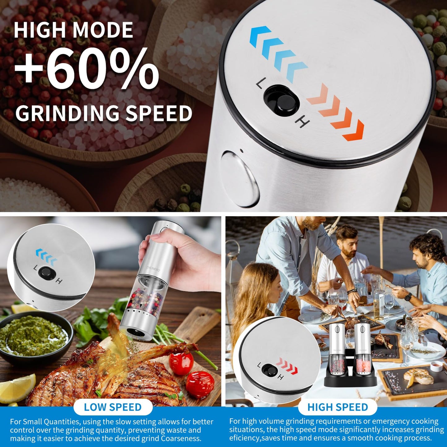Electric Salt and Pepper Grinder Set Stainless steel,Large Capacity Automatic Pepper Mill Grinder with Upgraded Rechargeable Base and LED Light, Variable Grinding Speed, External Adjustable Coarseness