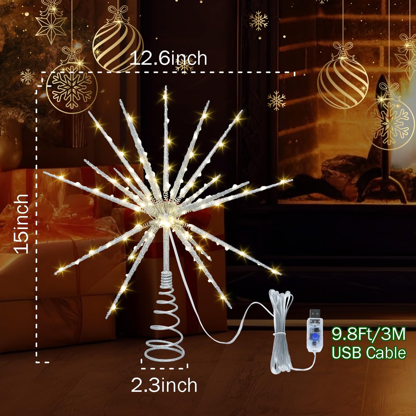 HMASYO 15 Inch Twinkling Starburst Christmas Tree Star Topper, 19-Point Silver Star Tree Topper with 150 LED, Remote Control & Timer, USB Power for Indoor Home Holiday Party Xmas Tree Decoration