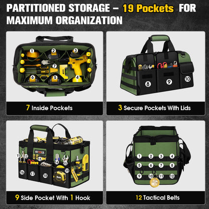 16-Inch Heavy Duty Tool Bag, 19-Pockets Tool Box Organizer, Portable Toolbag W/Soft Handle for Organized Storage, Mechanic Gifts for Men Dad Husband Fathers Day, Wide Mouth Electrician Toolbox, Green