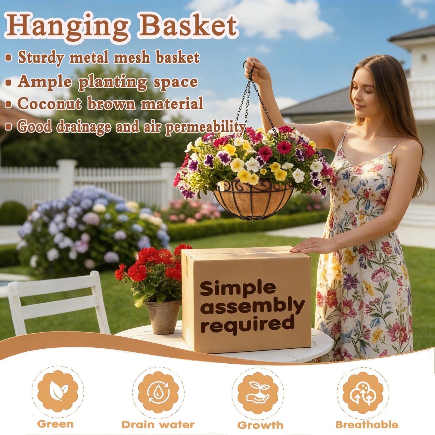 14 inch Metal Hanging Baskets For Plants Outdoor 4 Pack Round Metal Wire Hanging Basket Planter with Coco Fiber Liners Chain Round Wire Plant Holder for Garden, Patio, Deck, Porch Plants Flower Potss