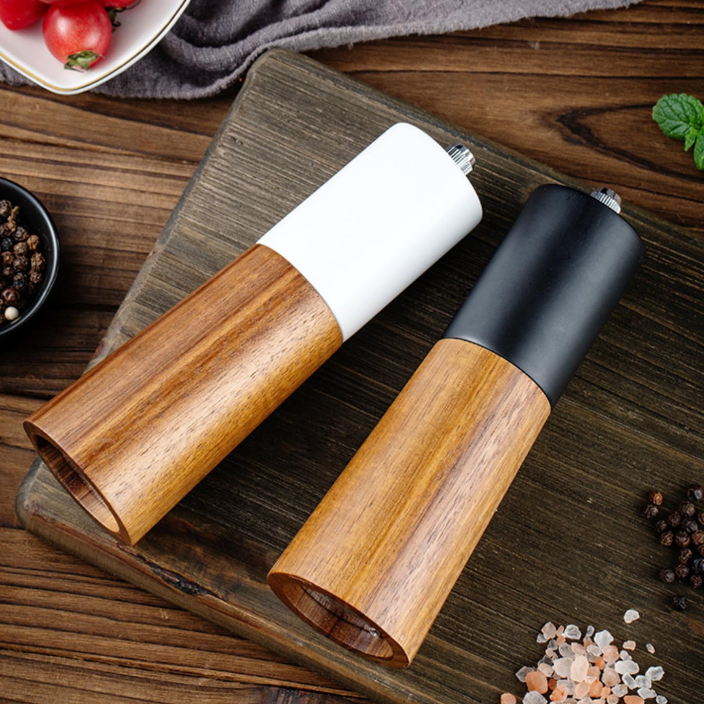 GCFTIFF Wooden Salt and Pepper Grinder Set,Crafted of Solid Acacia Wood with Ceramic Steel Core,Adjust for Customized Coarseness(2pcs white + black,6 inch)