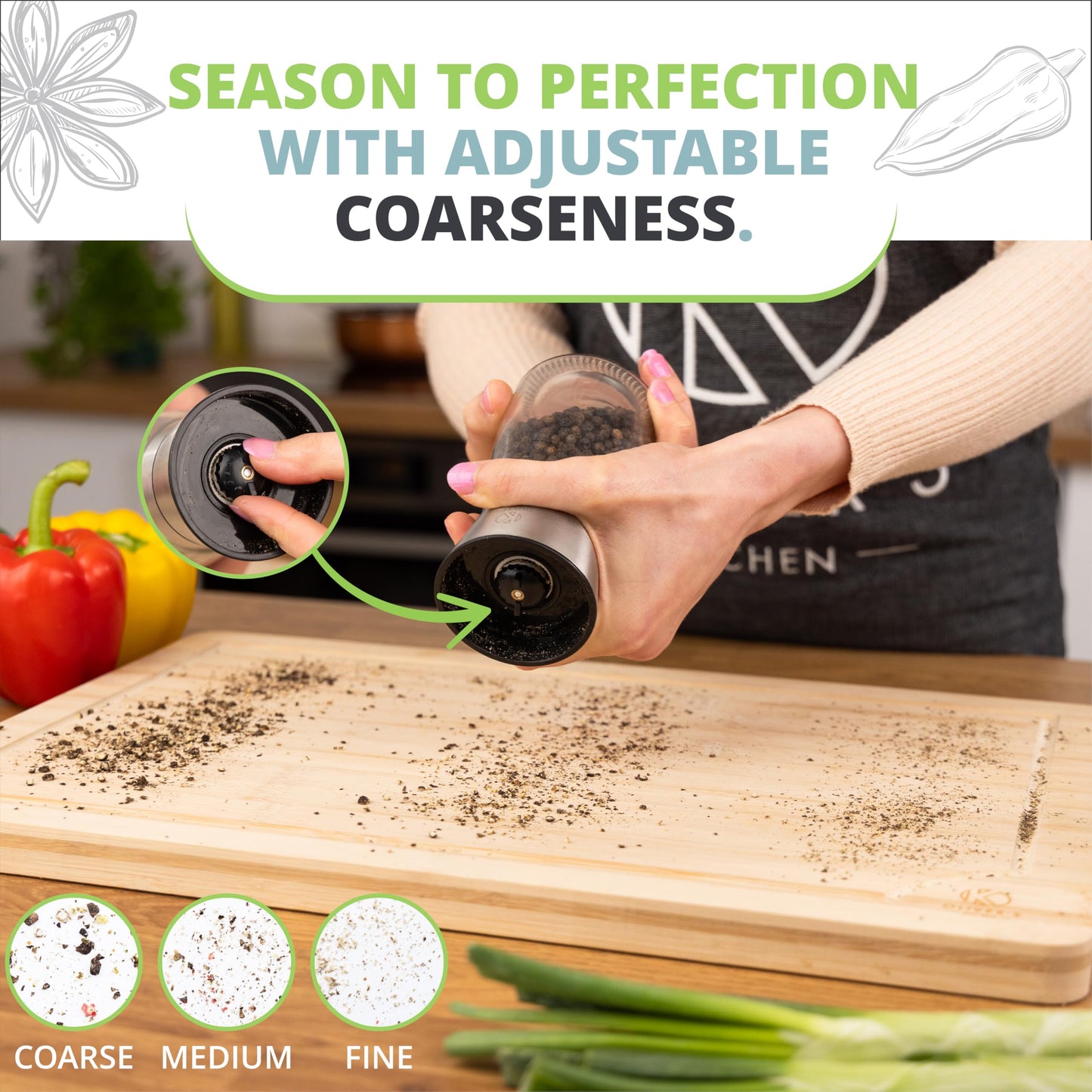 Oliver's Kitchen ® Salt & Pepper Grinder Set - 2X Premium Quality Ceramic Grinders - Easy to Fill & Use - Season to Perfection with Adjustable Coarseness - Large Capacity - Refill Less Often