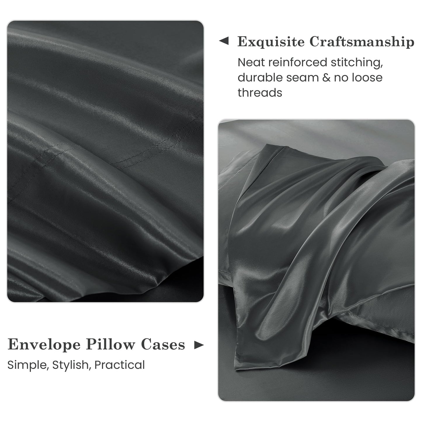 lasoftan Silk Satin Queen Sheets Set, Silky Fitted Bed Sheets with 15" Deep Pocket and Non-Slip Corner Straps, Luxury Hotel Satin Sheets Queen Size, Grey Summer Cooling Sheets & Pillowcase Set