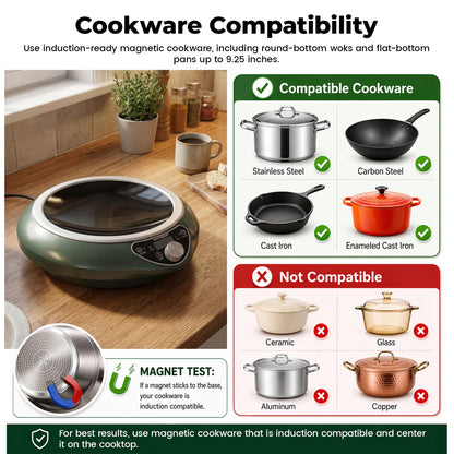 Abangdun 1700W 120V Concave Induction Wok Cooktop with Stainless Steel Wok, Non-Pulse Continuous Heating, 16 Power Levels, Portable Countertop Burner for Round-Bottom Woks & Stir-Fry Cooking