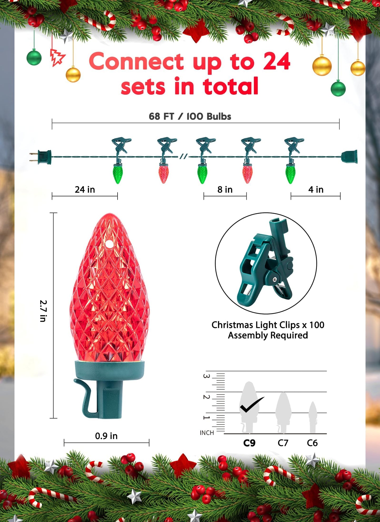 Minetom C9 LED Christmas Lights Outdoor, 68 Feet 100 LED C9 String Light with 100 Spring Clips, Waterproof Connectable Christmas Tree Lights for Outside Roofline Patio Home Xmas Decor, Red & Green