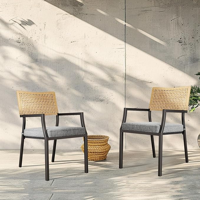 Grand Patio Outdoor Dining Chair Set of 2, 2-Piece Stackable Wicker Chairs with Cushions and Armrest for Restaurant, Garden, Porch, Lawn and Poolside
