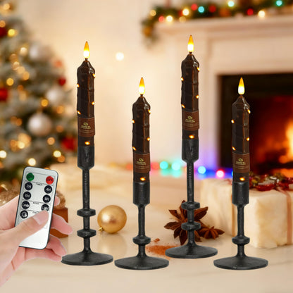 6.5 Inch Brown Flameless Taper Candles - 4 Pack Handmade Real Wax LED String Surface Candles with 10 Key Remote Timer Battery Operated LED Taper Candle for Thanksgiving Christmas Holiday Decor