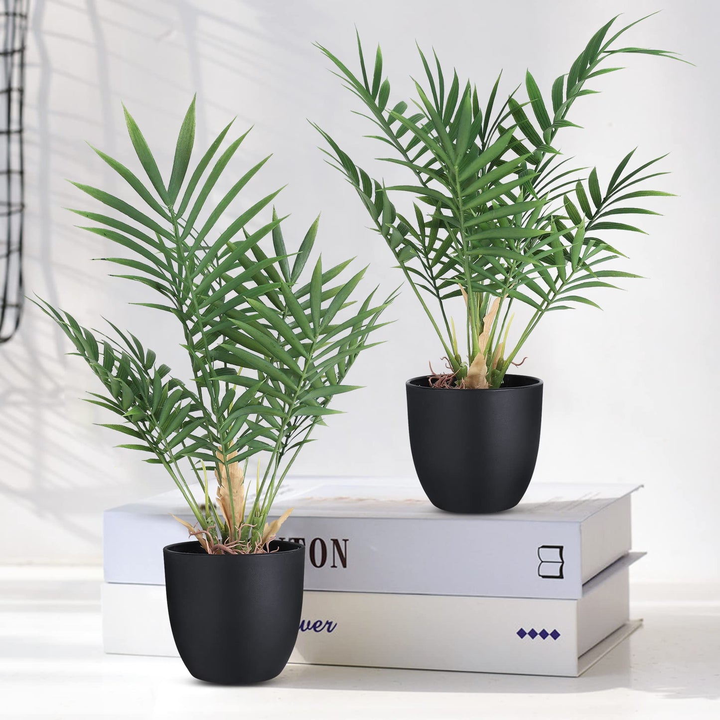 WOODWORD 2 Pack Fake Plant with Pot 16" Desk Plant Artificial Potted Faux Plants for Office Desk Shelf Home Farmhouse Decor (Bamboo Leaf)