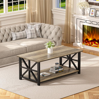 GreenForest Coffee Table for Living Room with Round Corners Farmhouse Style Center Table with Storage Shelf 39 Inch Space Saving Easy Assembly Gray Wash