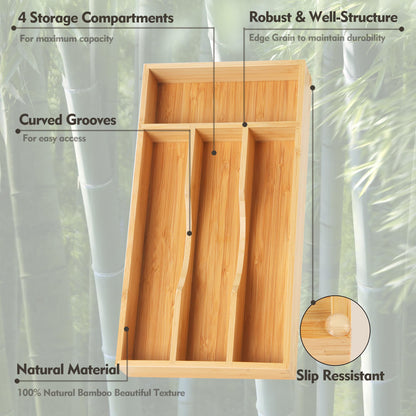 Bamboo Kitchen Drawer Organizer, 9 Inch Silverware Utensil Holder for Samll Drawer, Narrow Silverware Organizer for Cutlery Knives