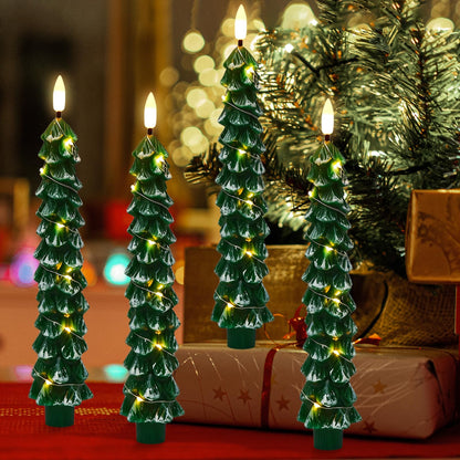 KunSwenn Christmas Tree Candles with Remote, Snowy Waxy Christmas Tree Flameless Taper Candles Battery Operated with String Lights, Set of 4 LED Tree Candlesticks for Xmas Winter Décor