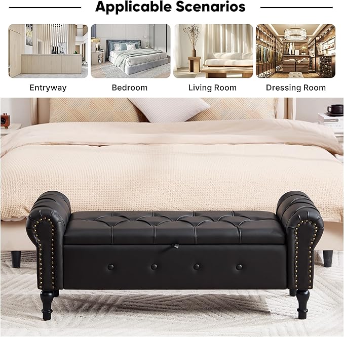 Storage Bench for Bedroom, Faux Leather 51" End of Bed Bench, Queen Size Bench