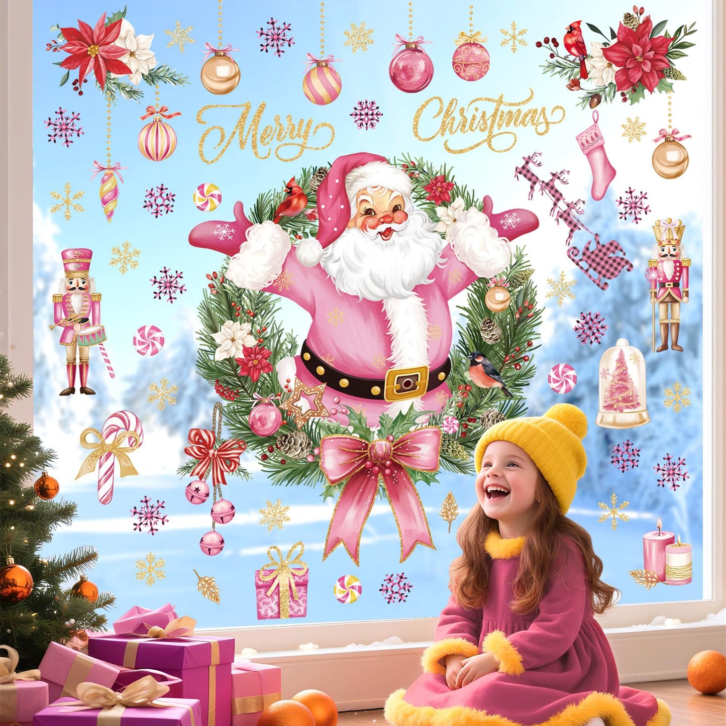 wondever Pink Christmas Santa Claus Wall Stickers Christmas Wreath Xmas Ball Snowflakes Peel and Stick Wall Art Decals for Window Home Party