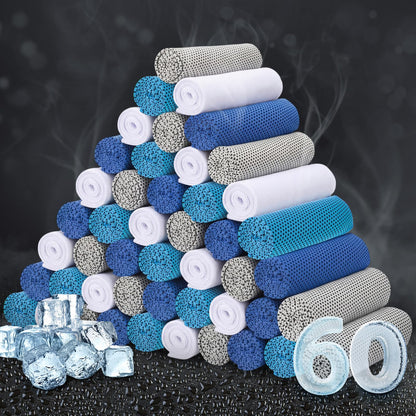 Honoson 60 Pcs Cooling Towel Bulk - 28" x 16" Neck & Face Cool Chilly Towels Microfiber Breathable Sport Sweat Rag for Gym, Yoga, Travel, Camping, Running, Outdoor(Gray Blue White)