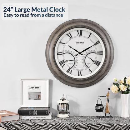 ANDY STAR 24 Inch Outdoor Clocks Waterproof,Large Outdoor Wall Clocks for Garden Patio Pool, Modern Lighted Metal Clock Battery Operated with Thermometer&Hygrometer, Gray Oak Wooden Non Ticking