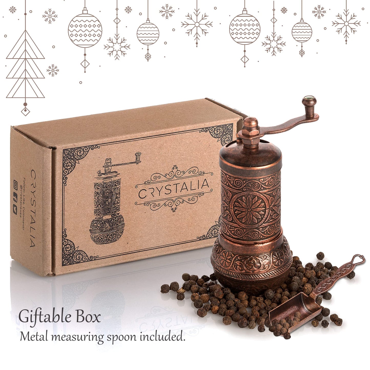 Decorative Black Pepper Grinder, Refillable Turkish Spice Mill with Adjustable Coarseness, Manual Pepper Mill with Handle, Spice Grinder Metal with Hand Crank, Copper