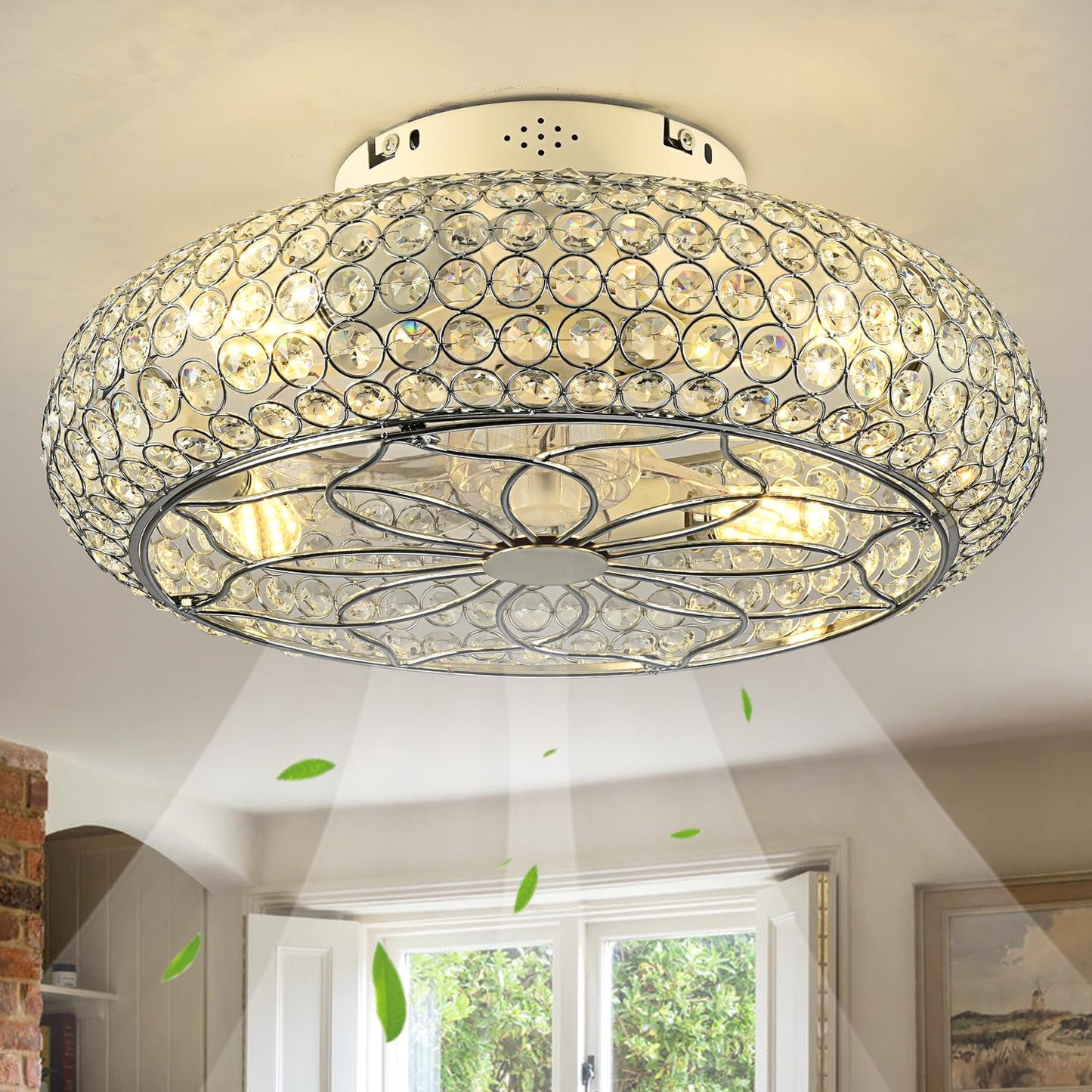 XUDOM Caged Crystal Ceiling Fans with Lights and Remote,20" Flush Mount Low Profile Ceiling Fan with Light,6 Speed Enclosed Ceiling Fan with Reversible Motor for Bedroom Kitchen Living Room