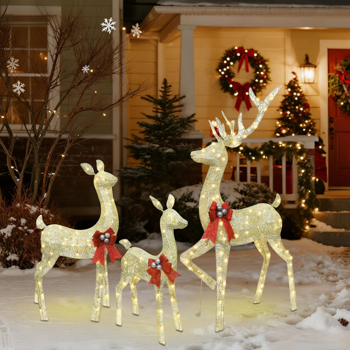 winemana 5ft Reindeer Christmas Outdoor Decorations, Set of 3 Extra Large Deer Yard Decor- Lighted 3D Reindeer Family Set for Outside Lawn Garden Xmas Holiday Party Decor (Gold)