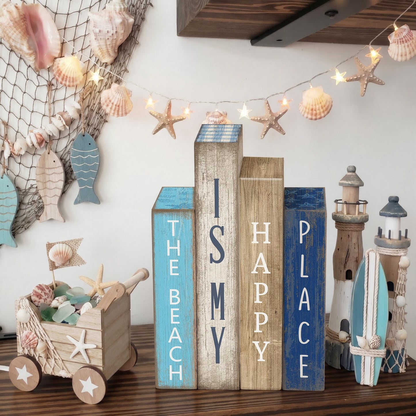 Lineshading 4 Pcs Summer Table Decoration Wooden Book Coastal Beach Decoration Blue and White Summer Tiered Tray Decor Wood Book Signs Farmhouse for Ocean Party Home Shelf Coffee Table