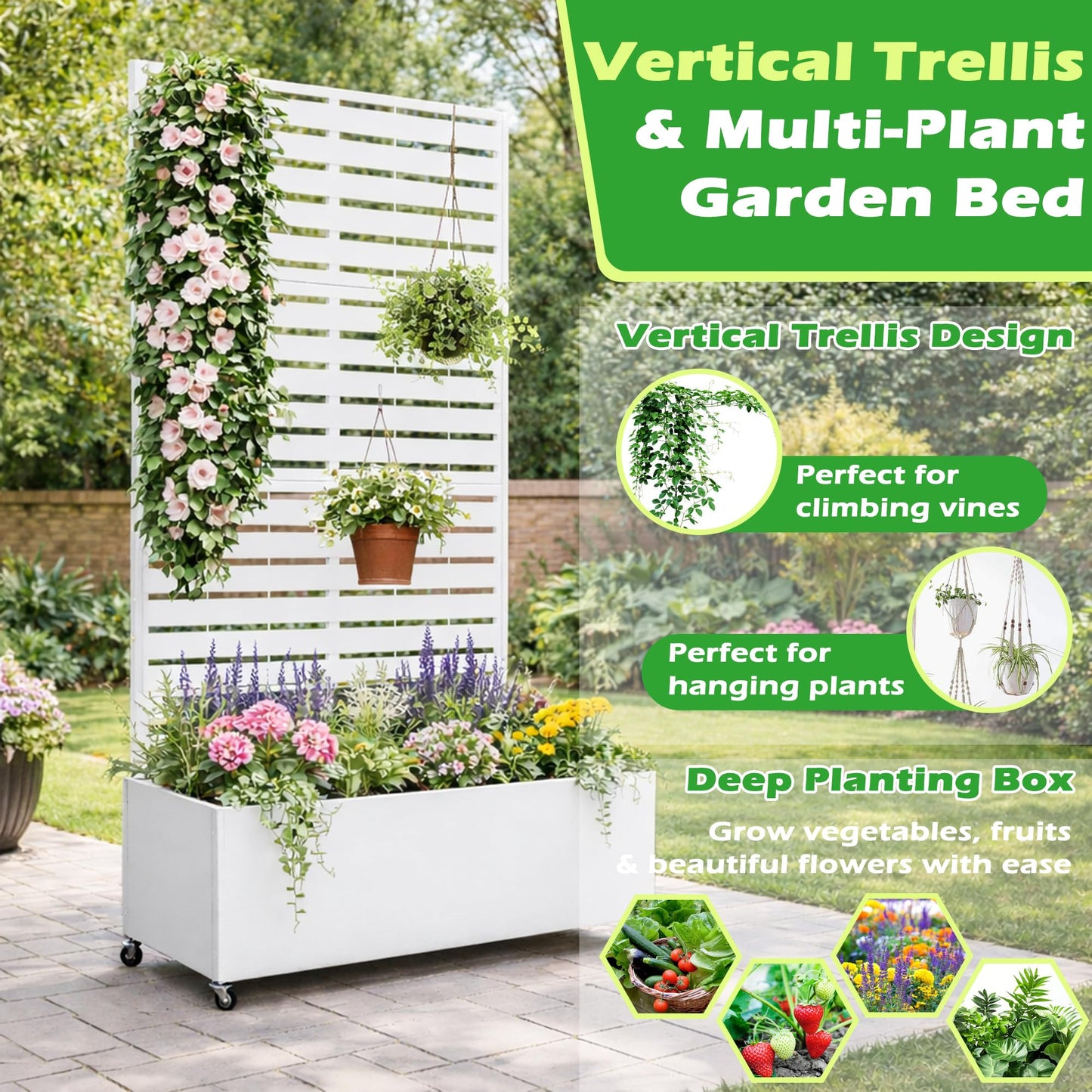 VERSSURE Metal Planter Box with Trellis, 43” L x 16” W x 71” H Raised Garden Bed with Wheels, Privacy Planters for Patio, Metal Planter Box with Drainage Holes, White