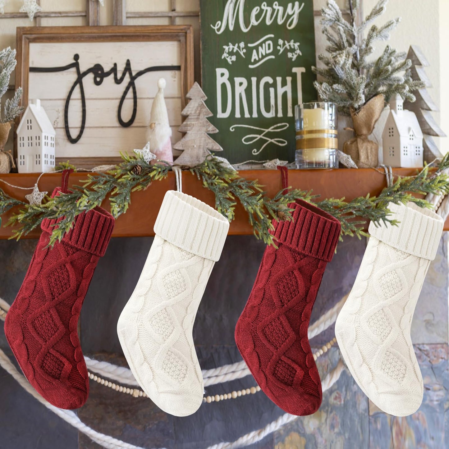 VIBILIA Christmas Stockings 4 Pack, 18 Inches Large Size Knitted Xmas Stocking for Fireplace, Holiday Party Decorations (White Red)