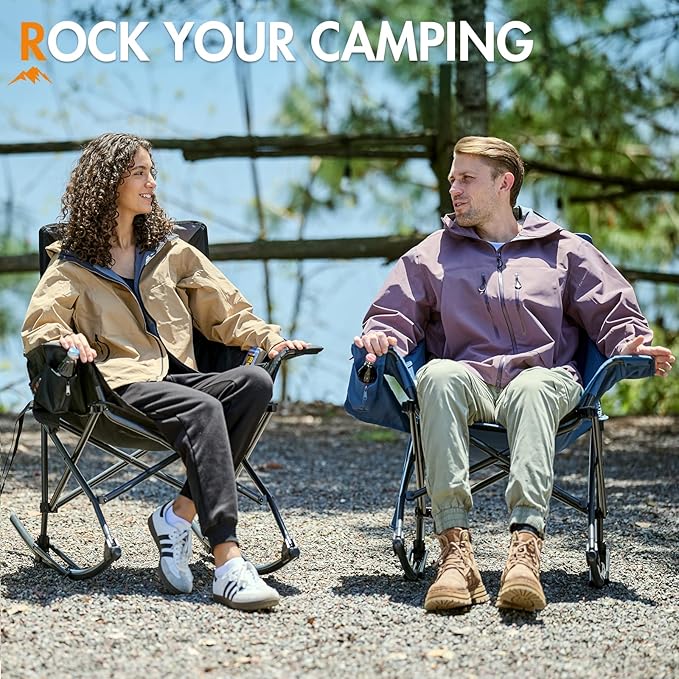 Portal Outdoor Rocking Chair Camping Folding Portable Rocker with Cup Holder Side Pocket Carry Bag, Support 350LBS, Blue