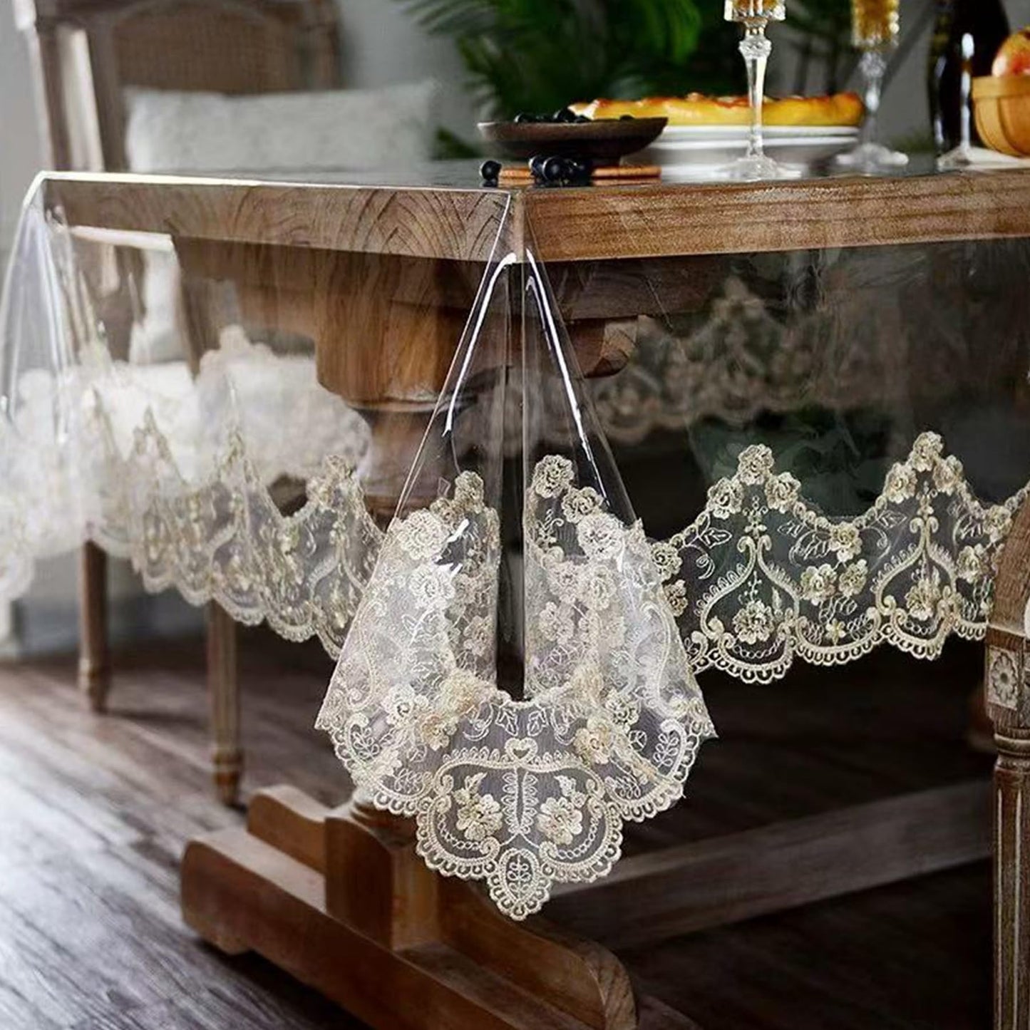 Jusmate Clear Vinyl Tablecloth Protector Transparent PVC Lace Border Plastic Waterproof Oil-Proof Rectangle Table Cover for Kitchen Home Dining Holiday Decoration (Champagne, 60 x 84 Inch)