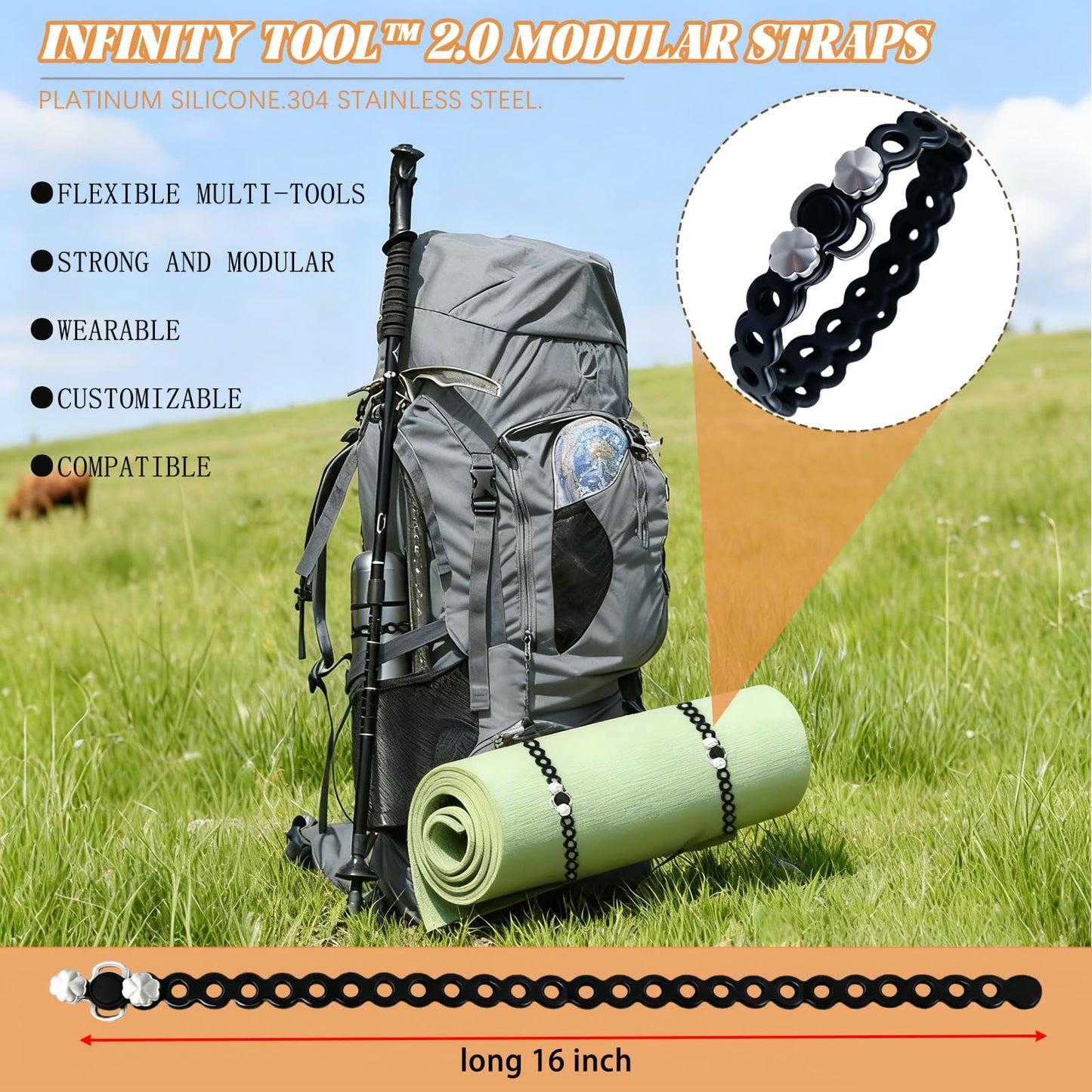 PILISPARK Modular Straps (4-Pack), Heavy Duty Silicone Gear Tie, EDC Multi-Tool Strap for Camping, Travel & Outdoor Survival（Black）