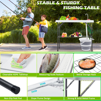 Avocahom Folding Fish Cleaning Table with Collapsible Bucket, Portable Outdoor Fillet Station Camping Sink Table with Faucet, Drainage Hose & Sprayer, Grid Rack, Knife Groove for Picnic Fishing