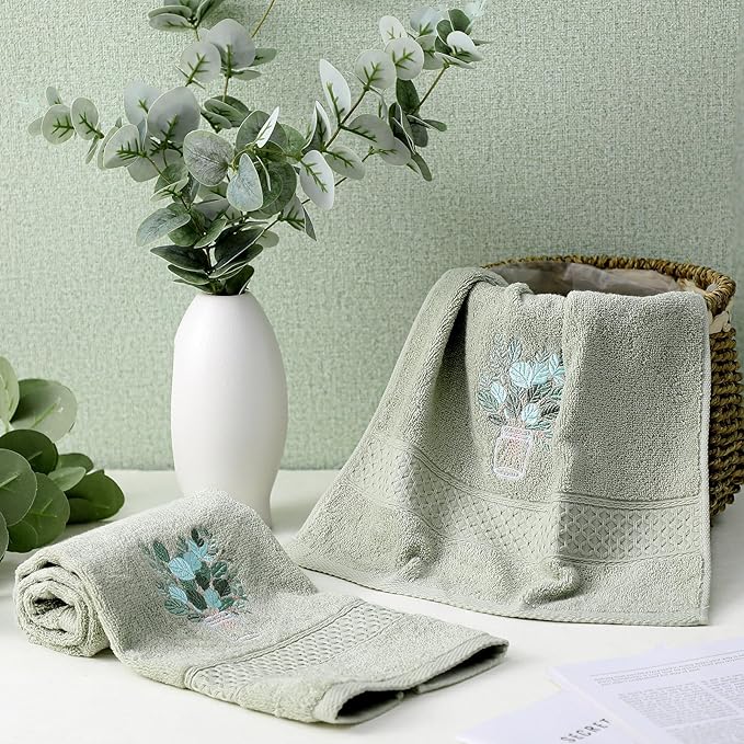 2 Pcs Eucalyptus Hand Towels Gray Green Bathroom Decor 14x29 Inch Embroidered
