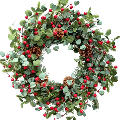 Idyllic Christmas Wreath for Front Door,20" Winter Wreath with Pine Cones Red Berries and Eucalyptus, Winter Decorations for Everyday Farmhouse Window Outdoor/Indoor