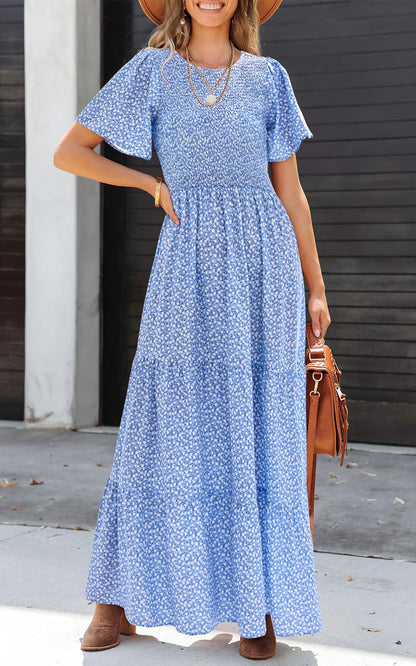 PRETTYGARDEN Women's 2025 Summer Casual Flutter Short Sleeve Boho Floral Maxi Dress Crew Neck Smocked Tiered Long Dresses