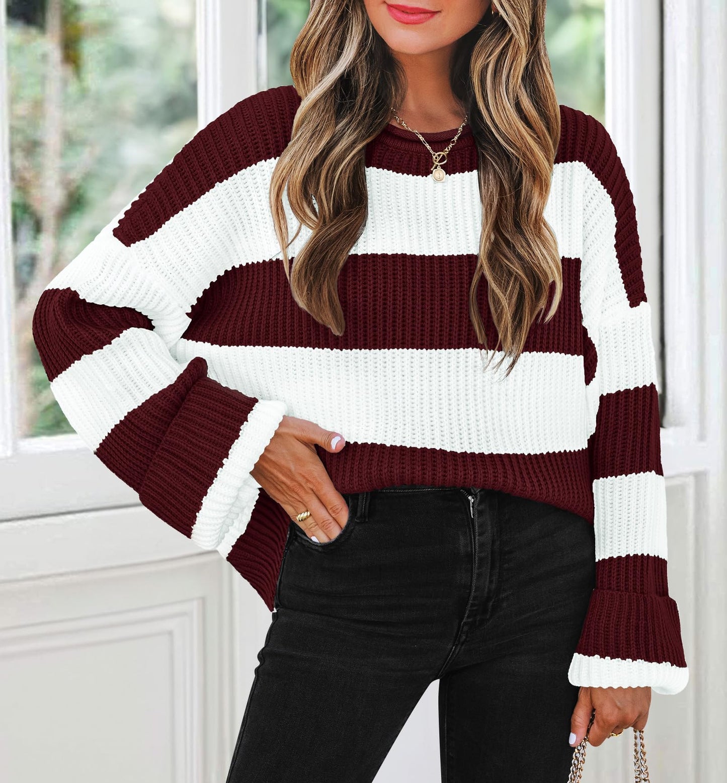 ZESICA Women's 2025 Fall Long Sleeve Oversized Striped Color Block Comfy Loose Crew Neck Knitted Pullover Sweater