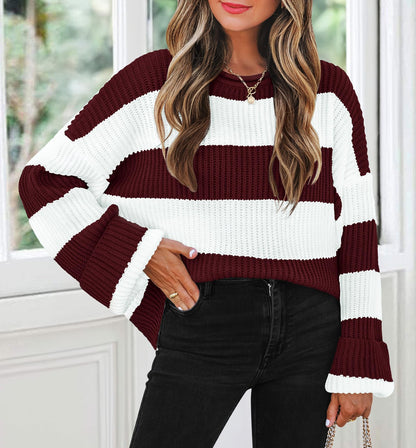 ZESICA Women's 2025 Fall Long Sleeve Oversized Striped Color Block Comfy Loose Crew Neck Knitted Pullover Sweater