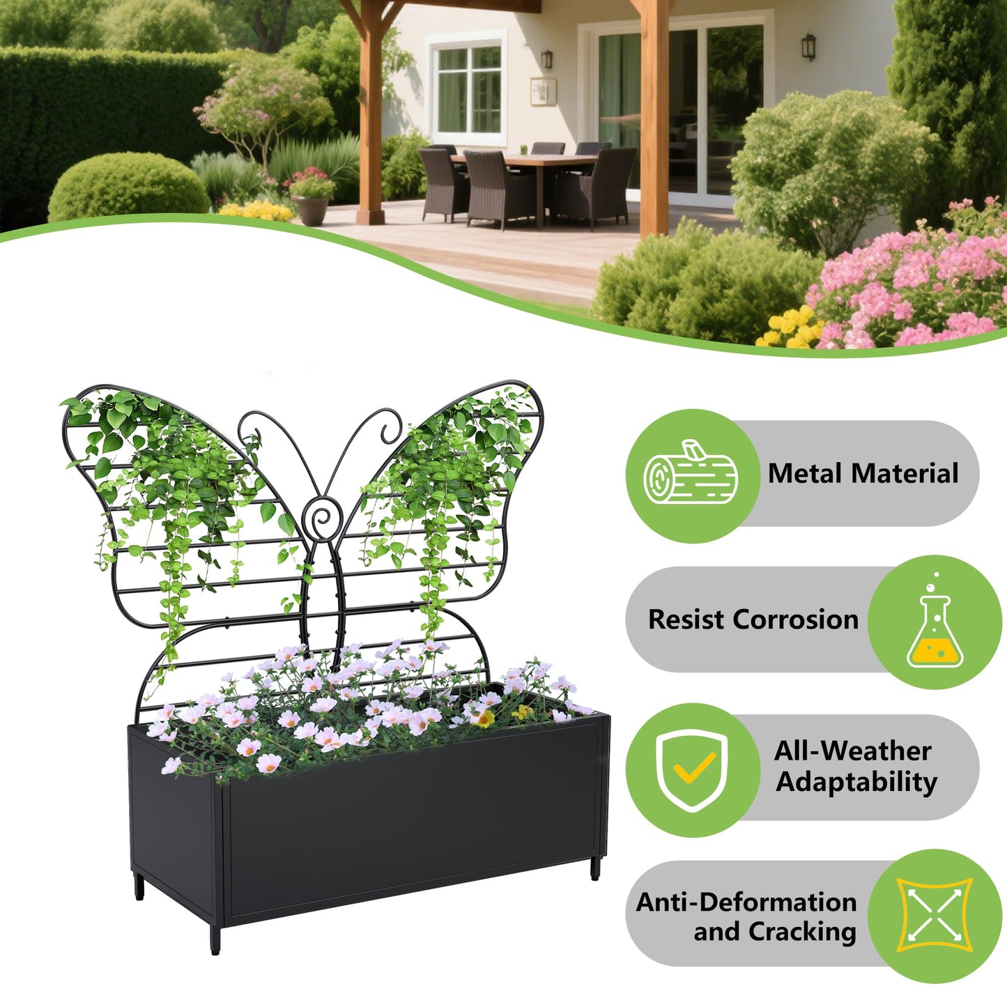 Zyphorinth Metal Planter Box with Trellis, Raised Garden Bed for Climbing Plants, Vegetables, Vines, Privacy Planters for Patio with Drainage Holes, Black- Butterfly-Shaped