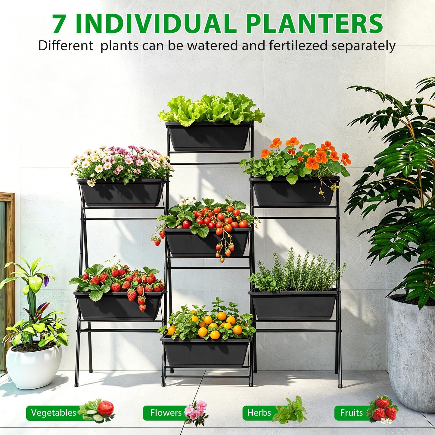 YAHKBTEN Raised Garden Bed Tiered Vertical Garden Planters Outdoor 7 Planter Boxes with Legs Indoor Elevated Herbs Flowers Vegetables Garden Box for Backyard Patio Balcony, Black