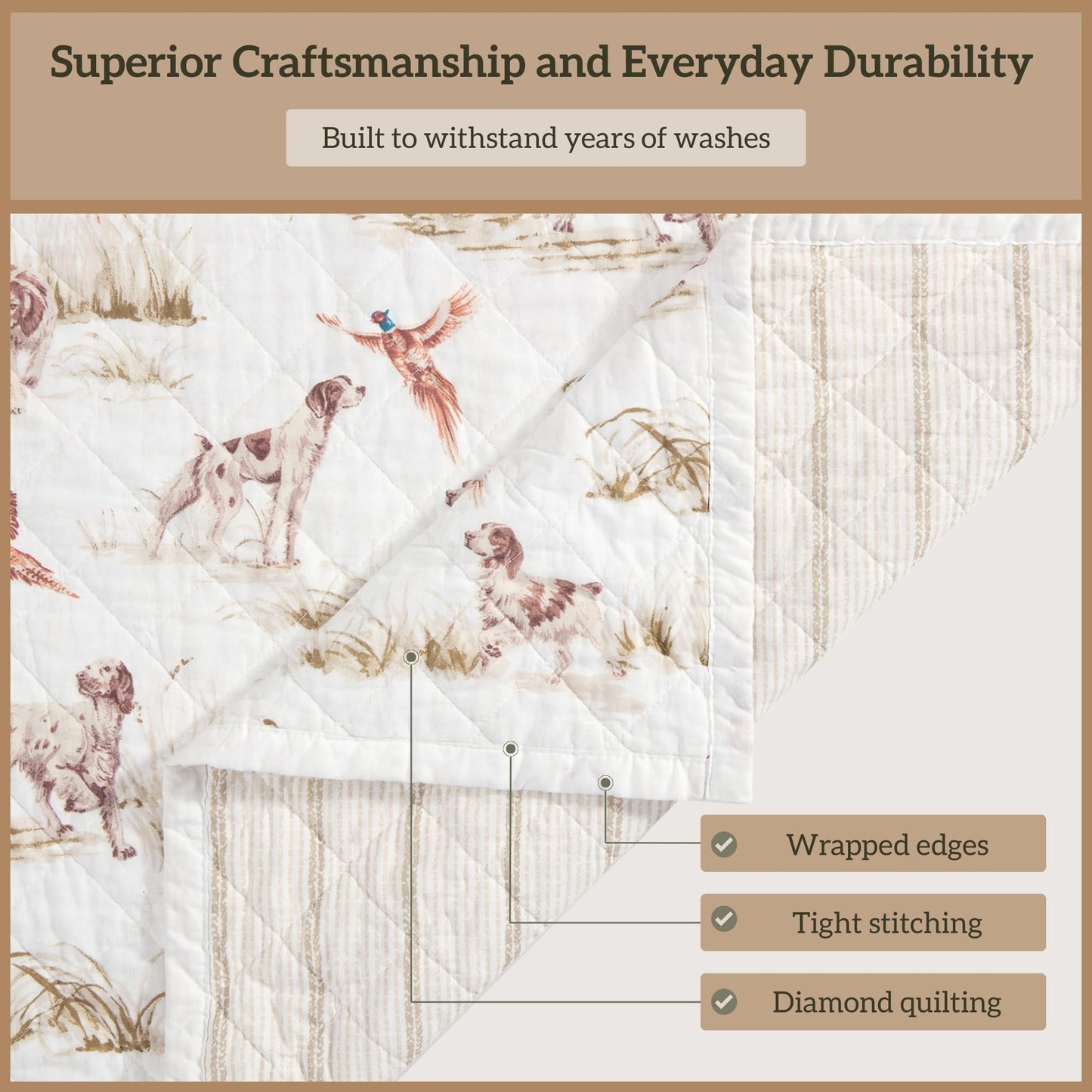 Paseo Road Hunt Life Cotton Quilt Set, 3 Piece King Bedding Set with Pillow Shams, White Brown Pheasant Hunting Dog Reversible Quilt Set, Soft Breathable Cozy Lightweight Quilt, Rustic Cabin Bedding