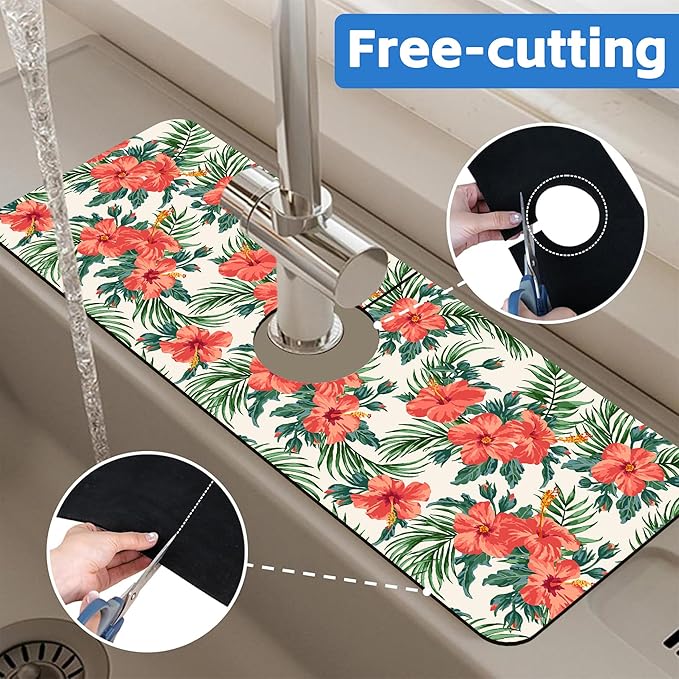 Tropical Leaves and Red Floral Kitchen Sink Splash Guard Mat Absorbent Fast