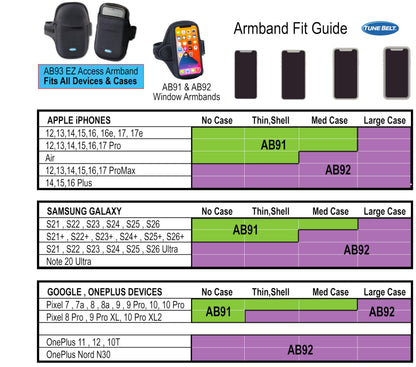 Tune Belt AB92 Cell Phone Armband for Running - Fits iPhone 17/16/15/14/13 Pro Max, Plus, Samsung Galaxy Ultra/Plus/Note and Large Phones with Protective Cases, Sweat-Resistant Exercise Holder (Black)