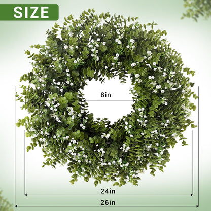 26" Large Eucalyptus Wreaths for Front Door,Spring Summer Fall Autumn Winter Wreaths,Eucalyptus Outdoor Wreath with Babys Breath for Porch, Wall,Home Decor- Spring Summer Fall Winter All Seasons