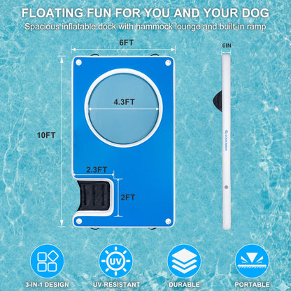 COOLWAVE Inflatable Floating Dock 10x6FT Dog Boat Ramp, Extra Large Floating Dog Dock with Water Hammock for Pool Lake Beach, Heavy Duty Lake Floats for Adults and Pets, 700LBS Load Capacity
