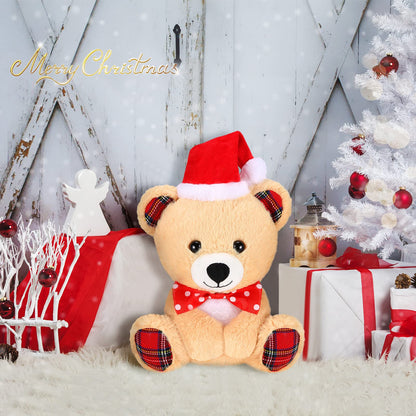 Threan 8 Inch Christmas Stuffed Animal Christmas Plush Doll with Santa Hat for Holiday Decoration Winter Gifts(Little Bear Style)