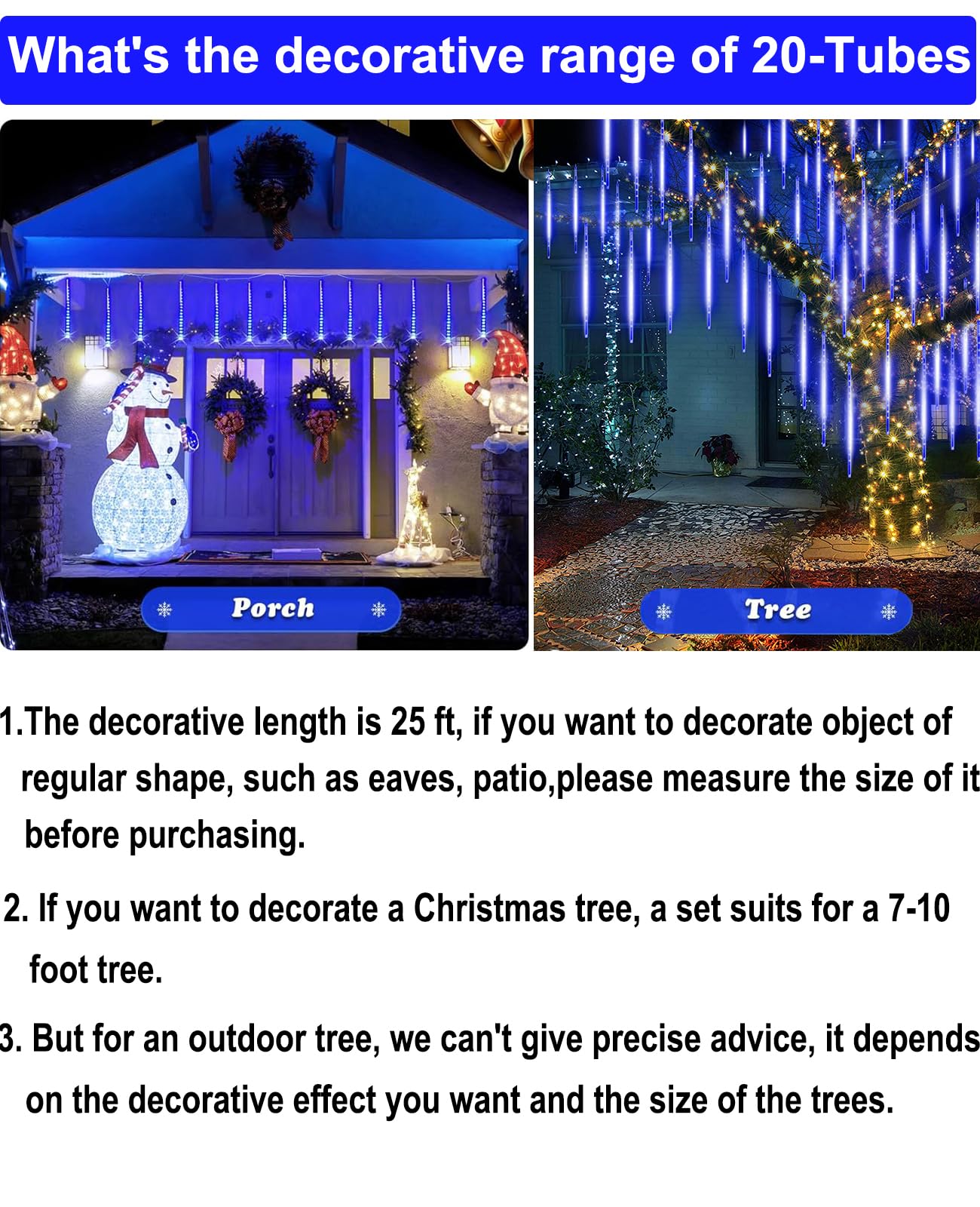 EAGWELL Christmas Lights Outdoor 16 Inch Meteor Shower Rain String Lighting, 20 Tube 960 LEDs Icicle Tree String Decor for Halloween Yard Party Patio Xmas Decoration,Blue