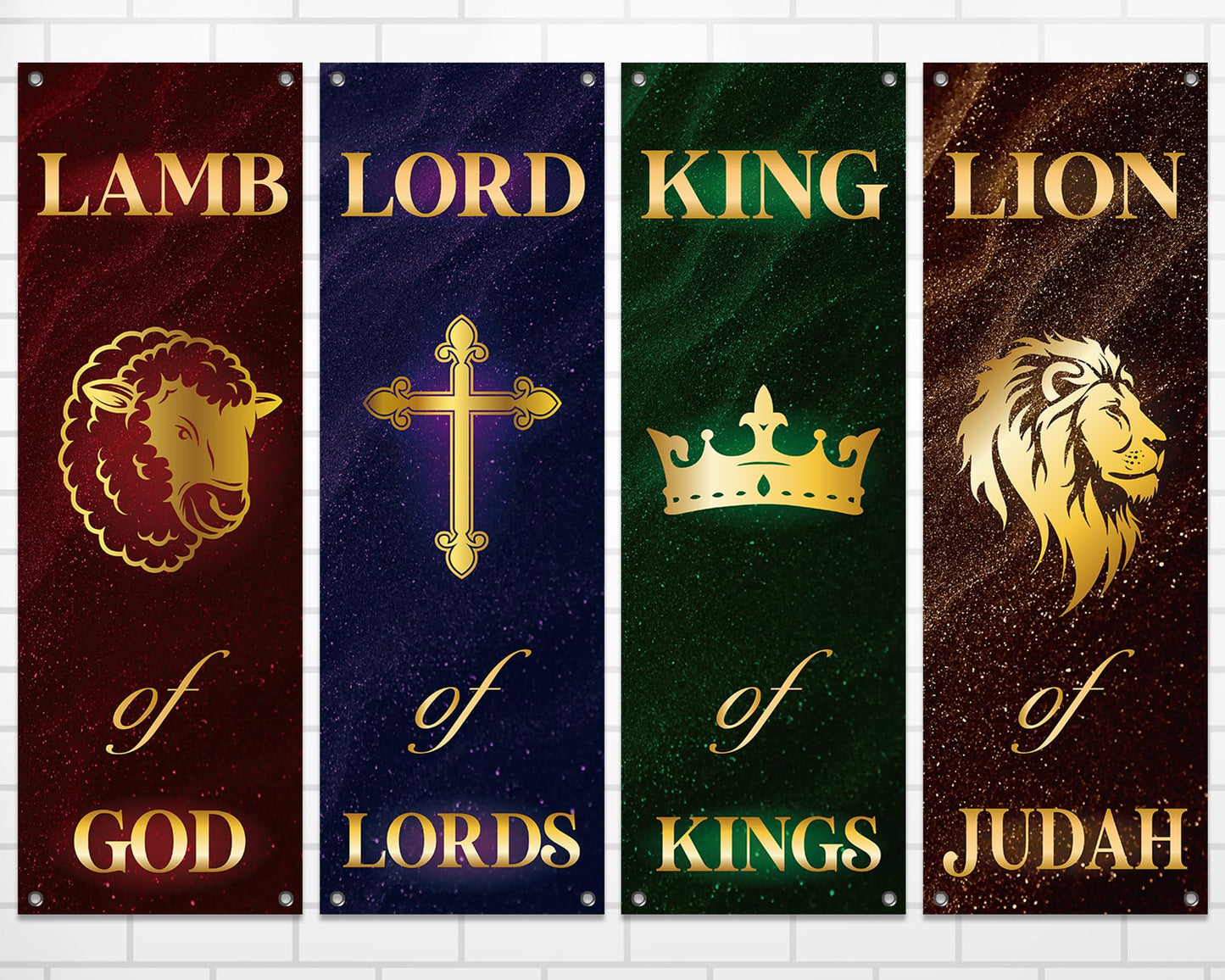 4Pcs Church Banners for Sanctuary Wall Welcome Religious Banners Hanging Backdrop Classic Lion King Lord Lamb Church Banner Scripture Bible Verses Exquisite Banner for Holiday Sunday School Decor