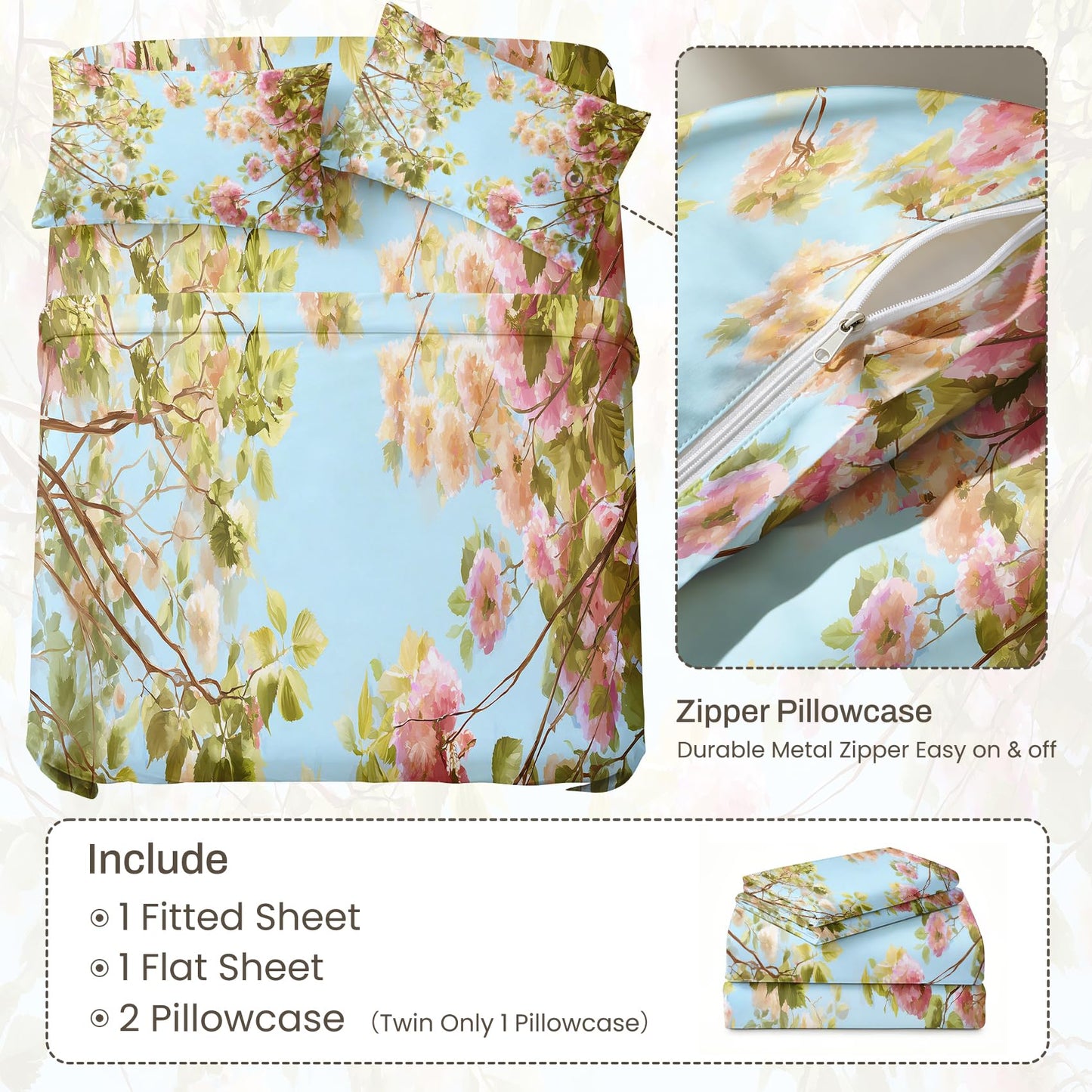 Spring Flower Bedding Set 4 Pcs Blue Sky Floral Queen Sheets