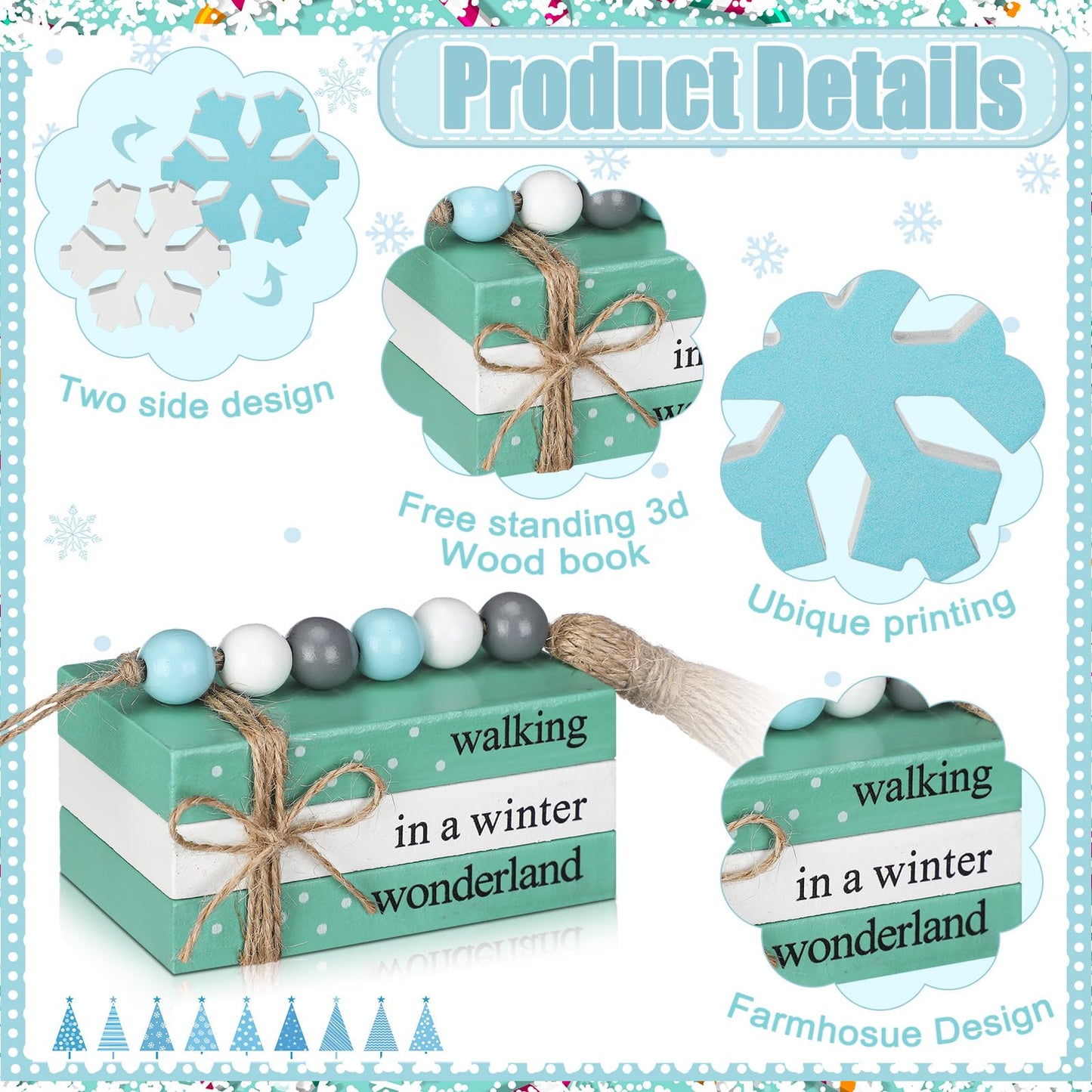 Yalikop 5 Pcs Winter Decor for Home Office Snowflake Wood Sign Blue White Snowflake Table Centerpiece Faux Books Bundle with Twine Beads String for Winter Decorations Wonderland Tiered Tray Decor