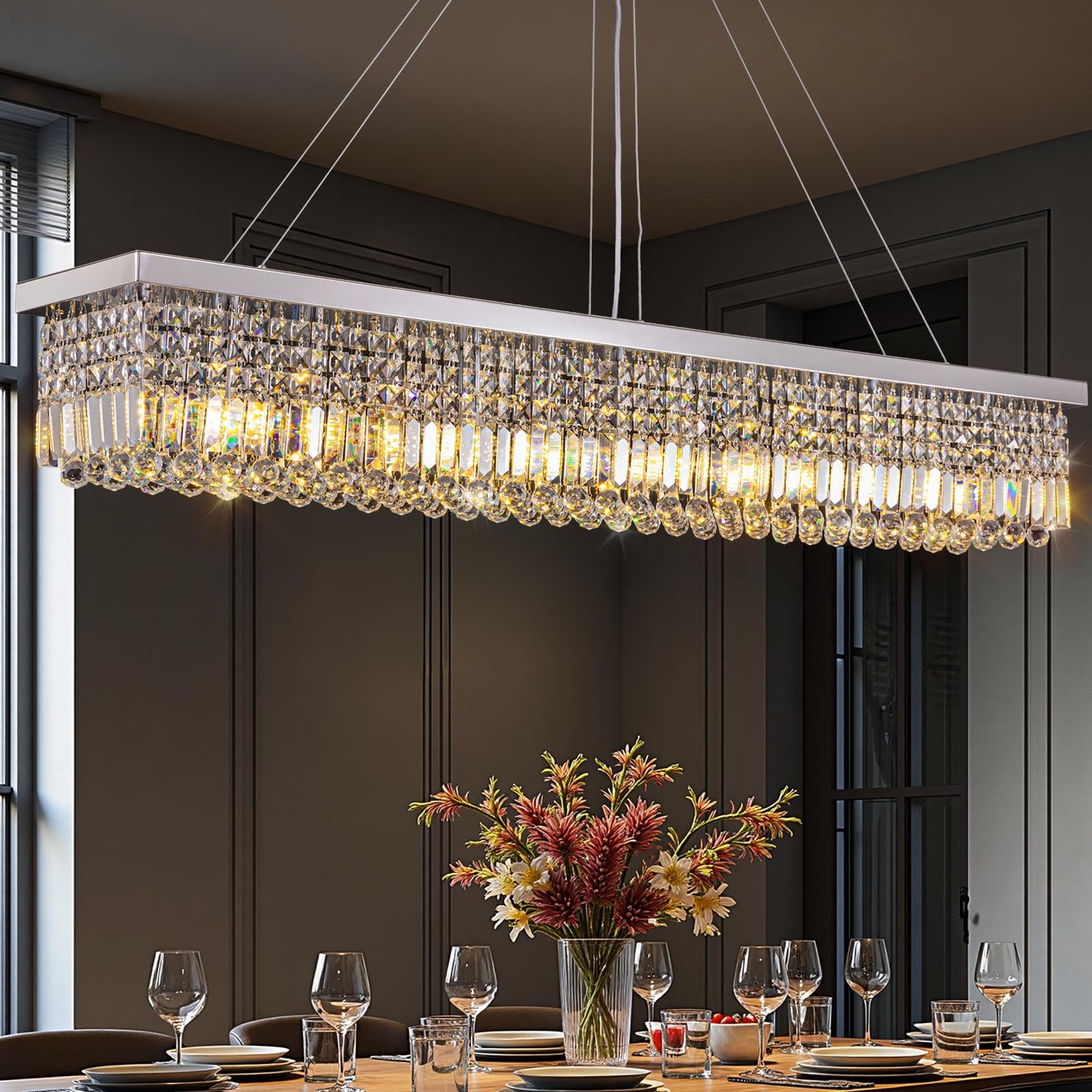 Tinkoso 59-inch Modern Crystal Chandelier,13-Light K9 Crystal Rectangle Chandelier for Dining Room,Kitchen Island Adjustable Hanging Pendant Light Fixture,Chrome Finish